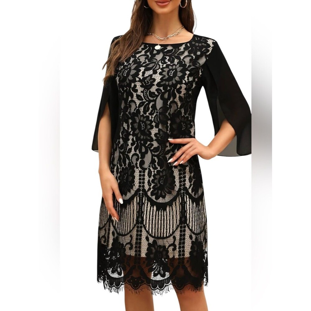 Cooan Lace Cocktail Dress Black and Cream Sheer Long Sleeve Womens Large. NEW.